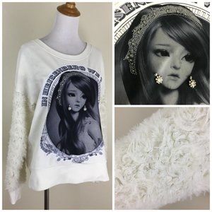 BEAUTIQUE KOREAN Fashion Girl Face Print Rhinestone Earring Applique Shirt
